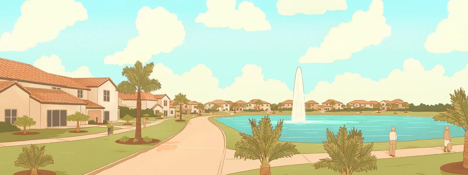 A master-planned neighborhood boulevard and pond in Wesley Chapel, Florida