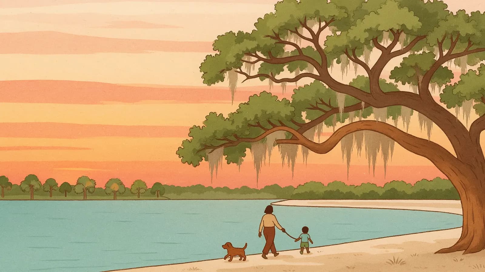 A live oak arching over a calm lagoon at sunset in Wesley Chapel, Florida