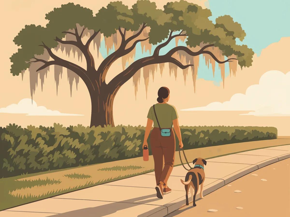 A sunrise dog walk on a Wesley Chapel, Florida sidewalk beneath a live oak