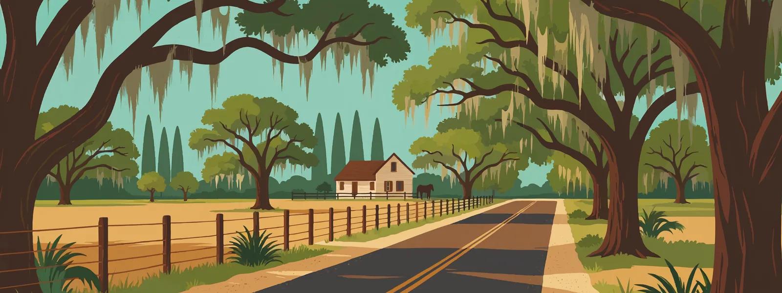 A wooded acreage road under live oaks in Wesley Chapel, Florida