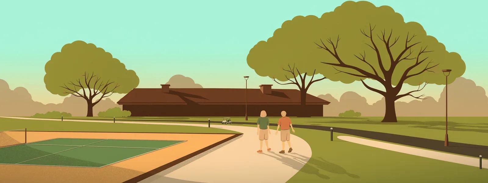 A walking path and pickleball courts in an active-adult community in Wesley Chapel, Florida