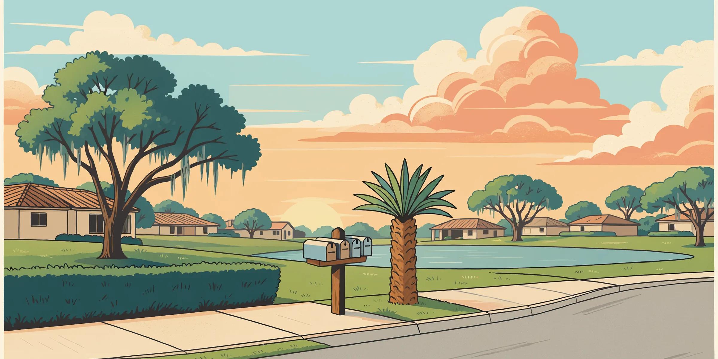 A quiet Wesley Chapel, Florida neighborhood morning: live oaks, a retention pond and a curving sidewalk