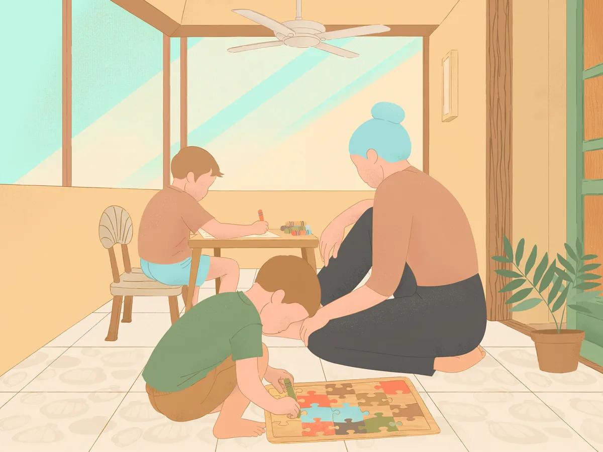 A caregiver playing with two children on a screened lanai in Wesley Chapel, Florida