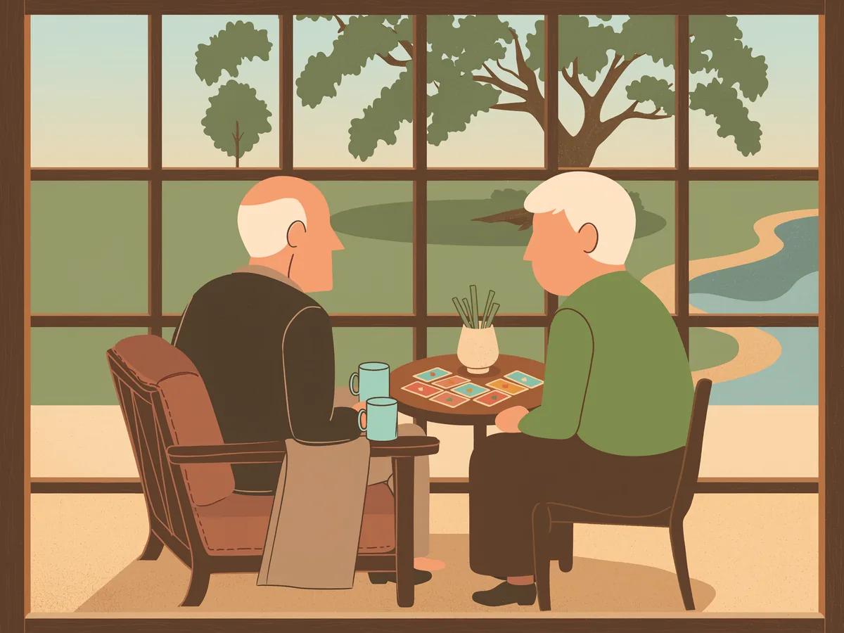 A companion visiting with an older adult on a lanai in Wesley Chapel, Florida