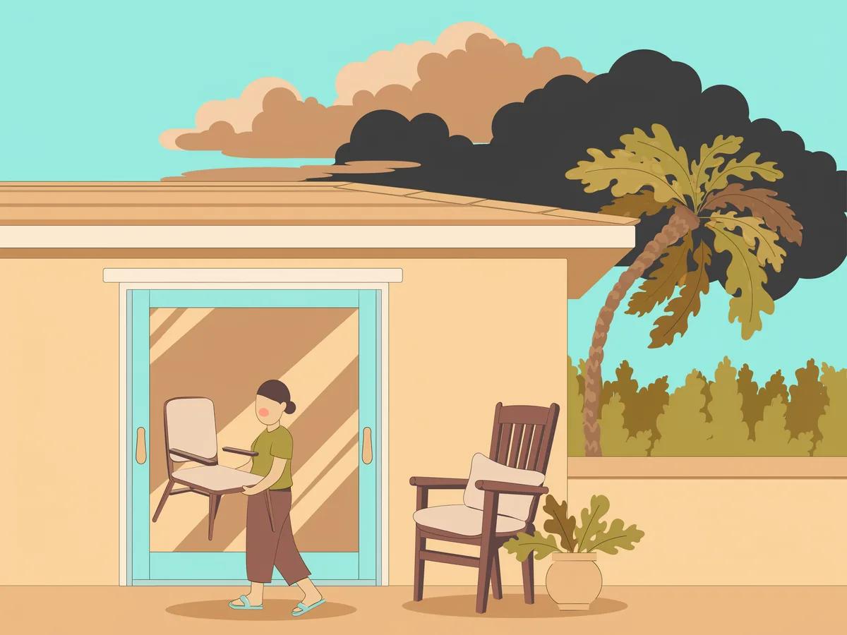 Bringing lanai furniture inside ahead of a storm at a Wesley Chapel, Florida home